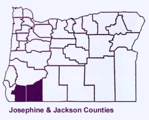 Jackson and Josiphine Counties higllighed on a Map of OregonWith